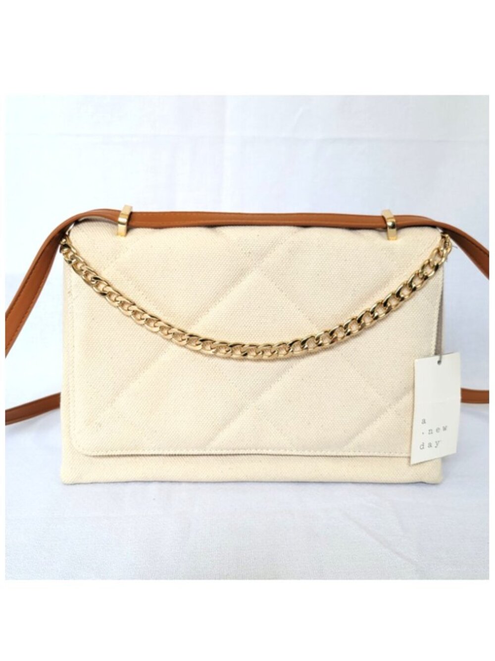 A New Day Ivory Square Woven Satchel - Quilted Crossbody Bag with Gold Chain NWT